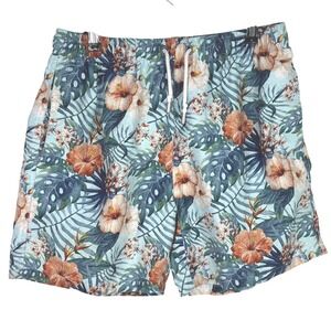 Franks Mens Blue Tropical Floral Monstera Print Swim Trunks Shorts Size L